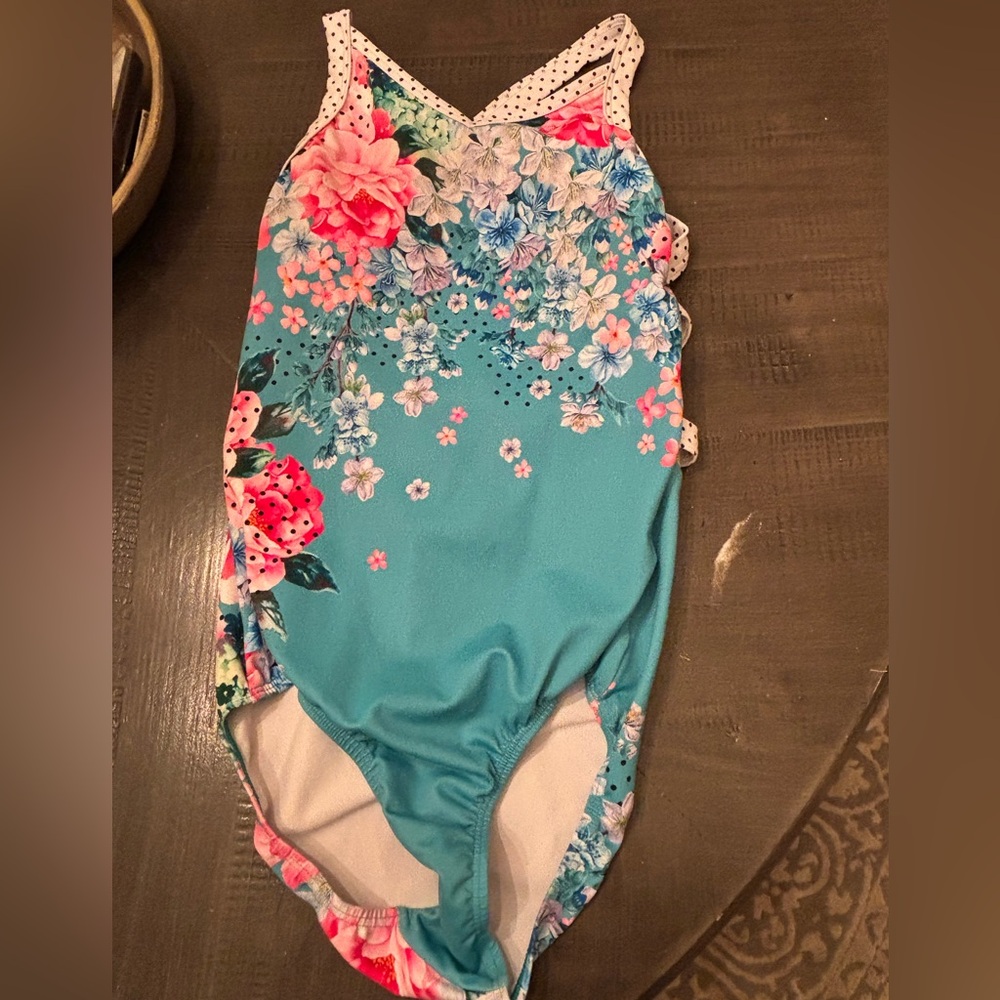 Floral Kids One Piece gymnastics leotard - Blue and Pink